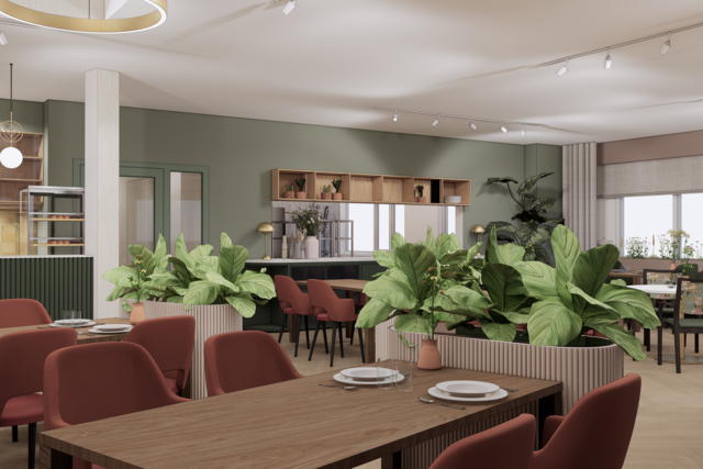 Dit is een artist impression van het restaurant van Hoogerwaard, met een botanische sfeer en rustige groentinten.
