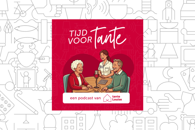 Het artwork van de podcast Tijd voor tante, met een bewoner, zorgmedewerker en mantelzorger om de microfoon